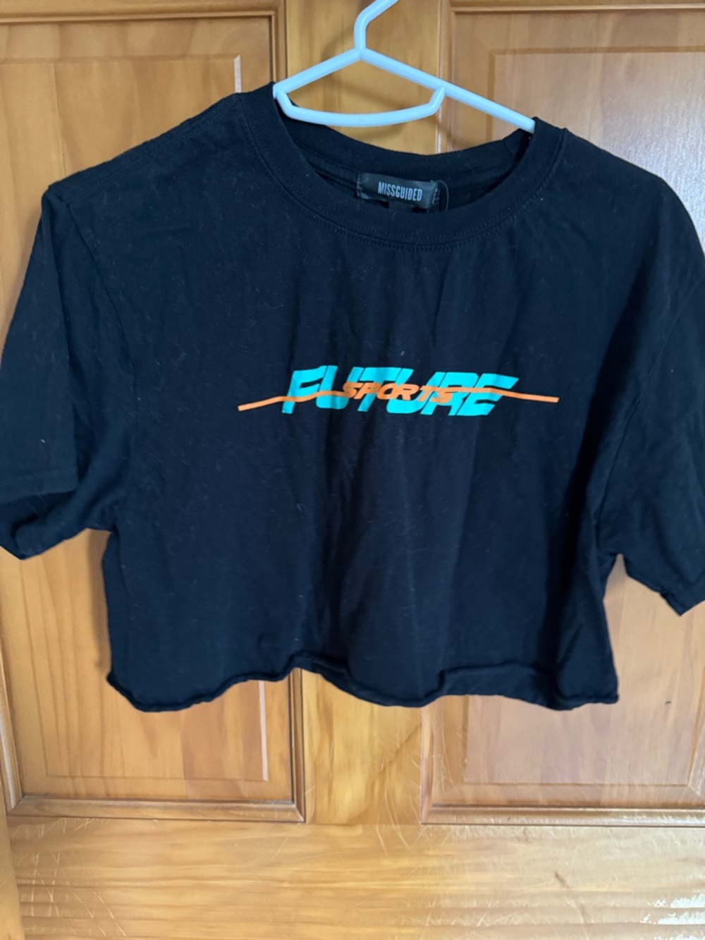 Missguided Black Crop Tee with Teal and Orange Logo